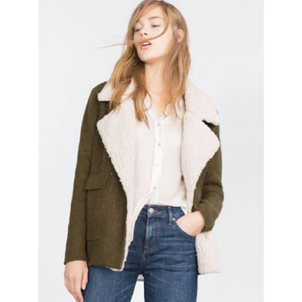 Zara Knit Faux Shearling Lined Sweater Jacket Open Front Square Pocket Green S